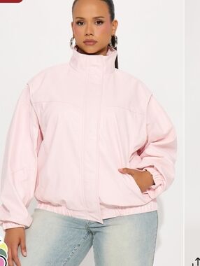 Light Pink Faux Leather Bomber Jacket - Women